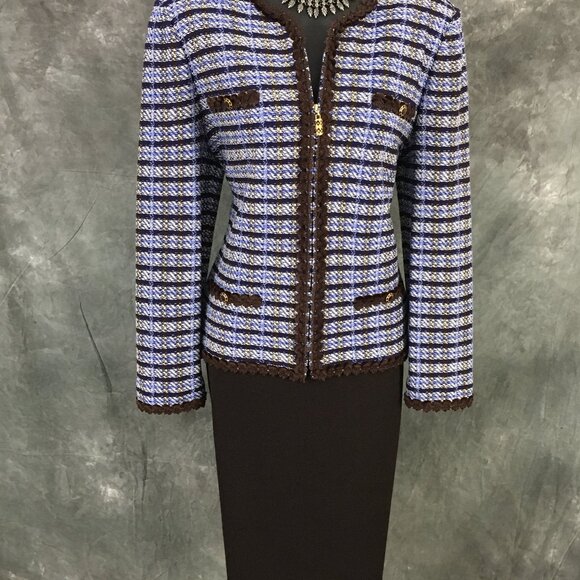 BEAUTIFUL St John collection knit blue brown multi jacket skirt suit size 8 - Picture 3 of 10